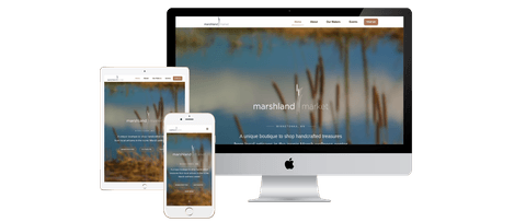 Marshland Market boutique website shown on desktop, tablet, and phone